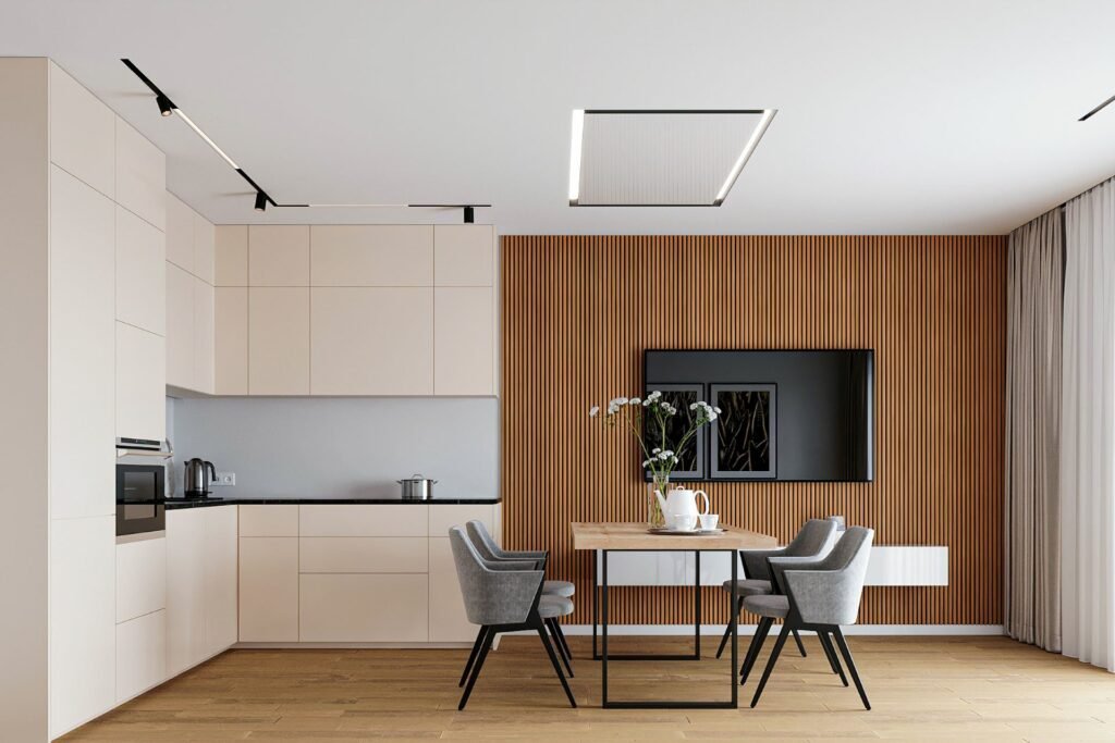 Moderne Küche mit Spanndecke und LED-Lichtpaneel